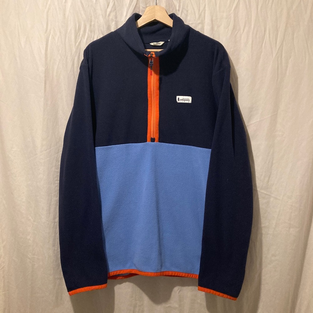 Cotopaxi Teca Fleece Pullover Mens Large Navy Blue Orange Color Block 1/4 Zip